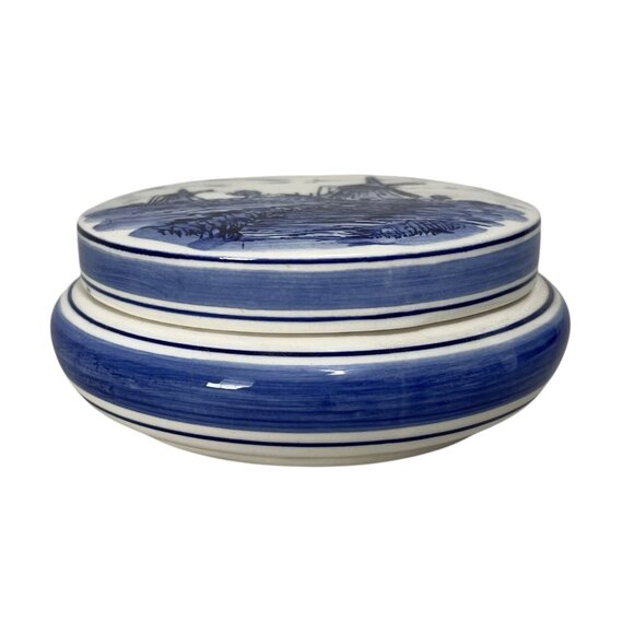 Delfts Blue Holland Windmill Trinket Box 5" Round Covered Hand Painted Ceramic - Picture 3 of 6